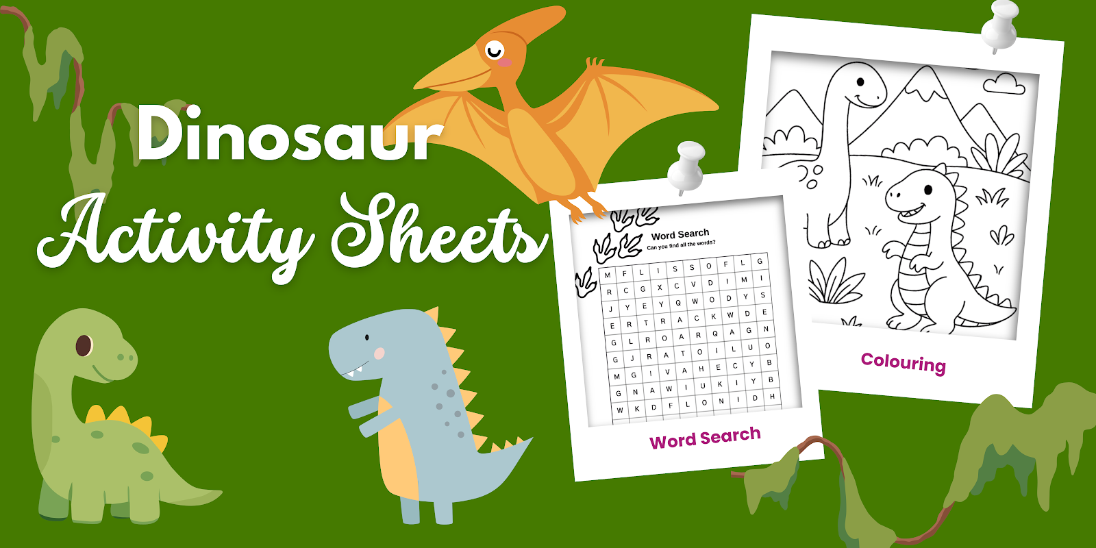 Free Dinosaur Activity Sheet for Kids (Printable Word Search, Maze & Colouring Page)